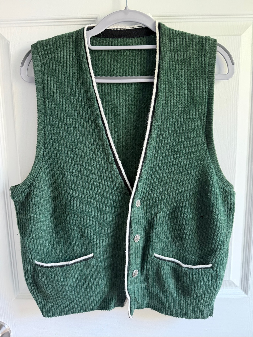 Green Knit Button-Up Vest with Contrast Trim